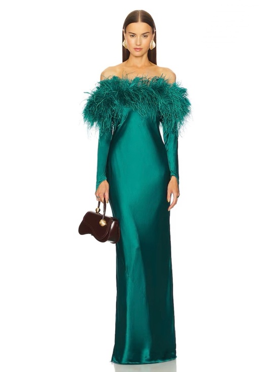 cult gaia Dresses & Skirts - CULT GAIA Terra Feather Off Shoulder Maxi Dress in Seamoss Teal Sz 4